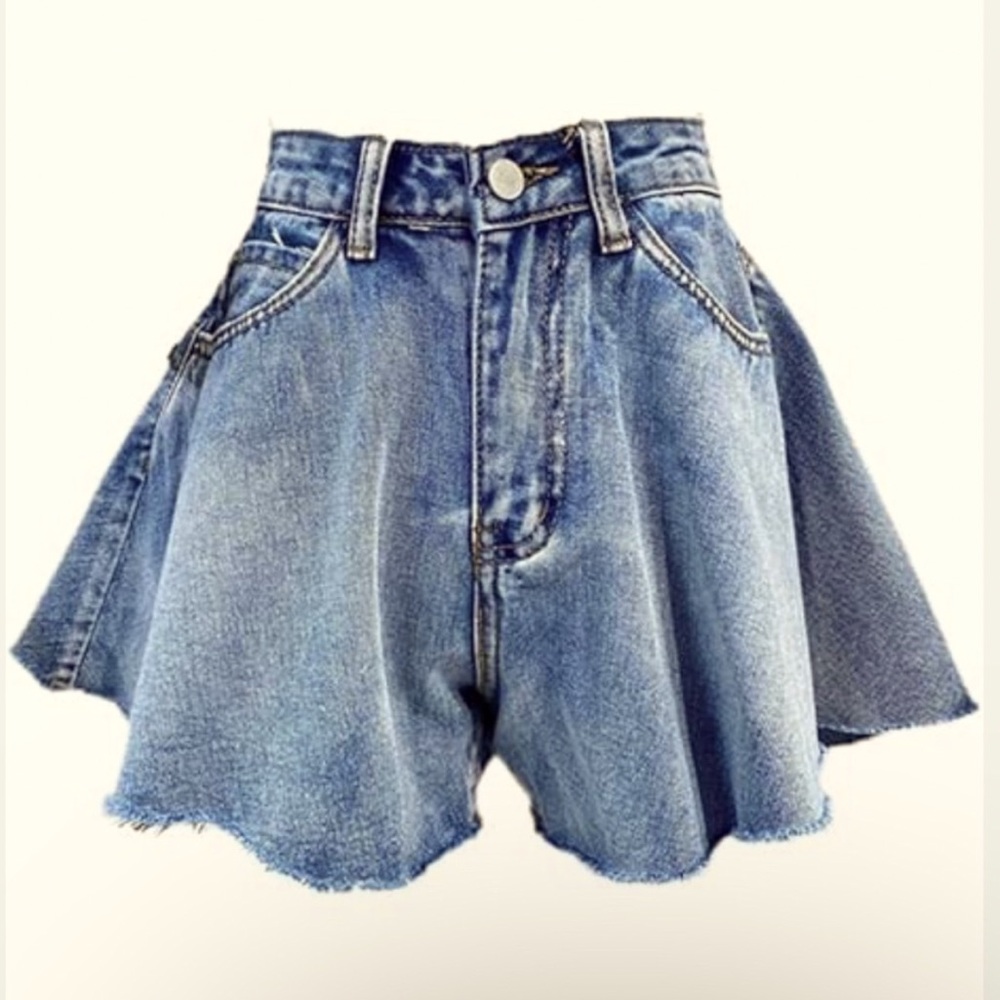 Denim Flared High-Waist Shorts - Blue